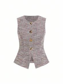 Ellevyn Áo vest không tay nữ có nút kim loại, thích hợp khi đi làm - Hồng - Xem 6