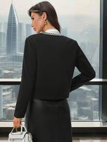 SHEIN Clasi 女士优雅珍珠装饰开襟圆领短款外套，适合日常穿着和通勤，秋冬季款 - 黑色 - 查看 2