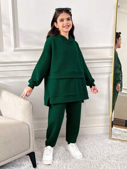 SHEIN 女大童落肩袖連帽衫和運動褲