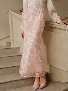 SHEIN Unity Women's Elegant Floral Embroidered Skirt, Romantic Pink - Pink - View 3