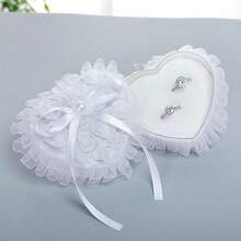 1 pieza Caja portátil con forma de corazón para propuesta, con adorno de encaje y flores, almohada para anillo de boda para niña de las flores, Navidad - Blanco - Ver 8