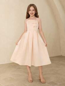 少女优雅奢华浅粉色无袖高低领大蝴蝶结长裙，适合度假、晚会、婚礼、花童、生日、学校舞会、圣诞节、万圣节、毕业典礼等场合 - 淺粉色 - 查看 1