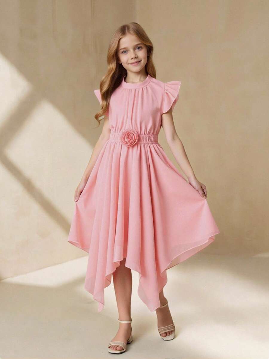 Tween Girls' Elegant Light Pink Summer Wedding Midi Dress,Stand Collar Flutter Sleeve Cinched Waist Asymmetric Hem Chiffon 3D Flower Decor Dress - Pink - View 1