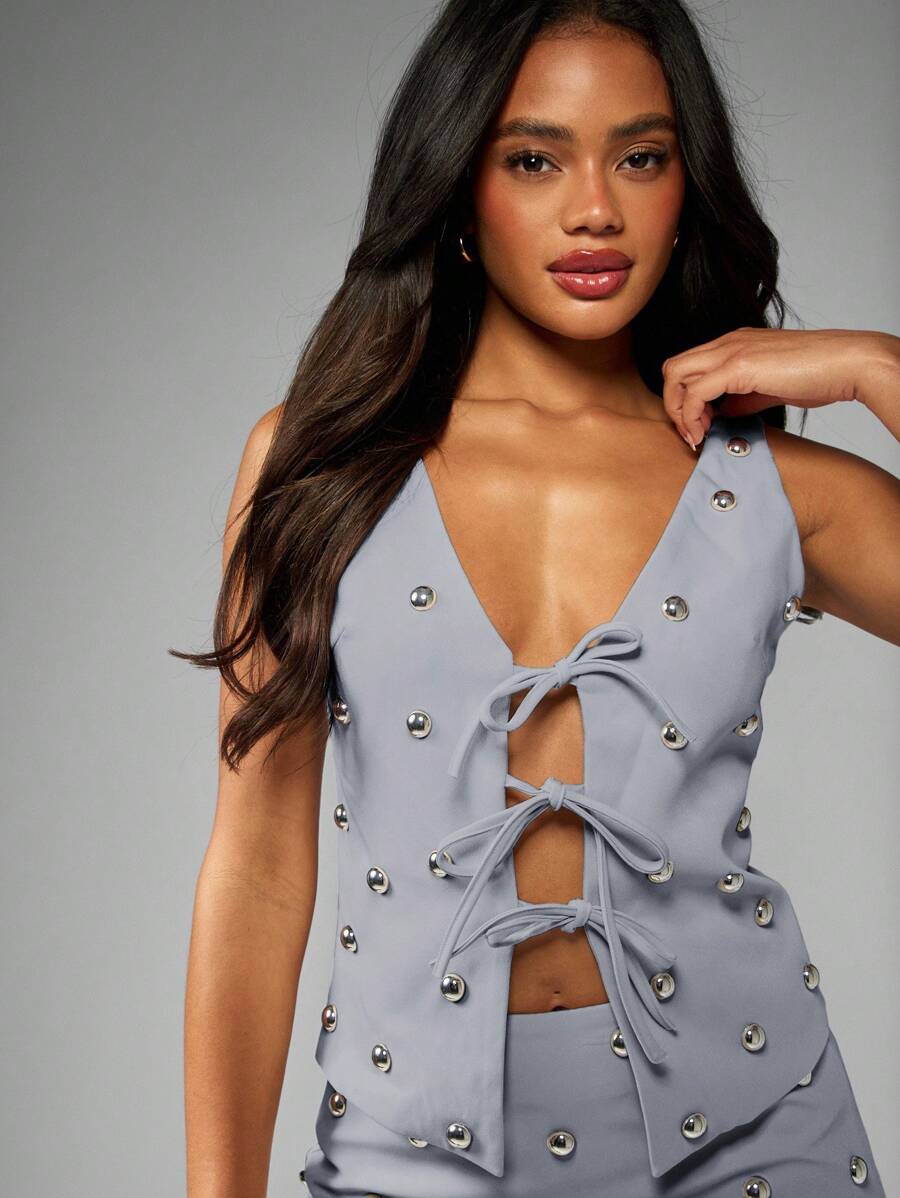 MISSGUIDED 时尚铆钉背心，前部系带设计，迷你长款无袖派对晚装，现代时尚俱乐部服装，节日夏季春季 - 淺藍色 - 查看 1