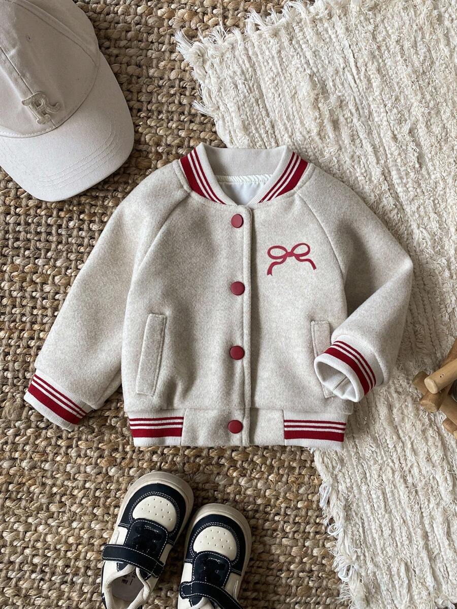 SHEIN 女婴条纹插肩袖单排扣休闲棒球夹克 - 灰色 - 查看 1