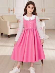 Girls Ruffle Collar 2 In 1 Pleated Bow Long Dress, Back To School Spring/Autumn Dress - Pink - View 3