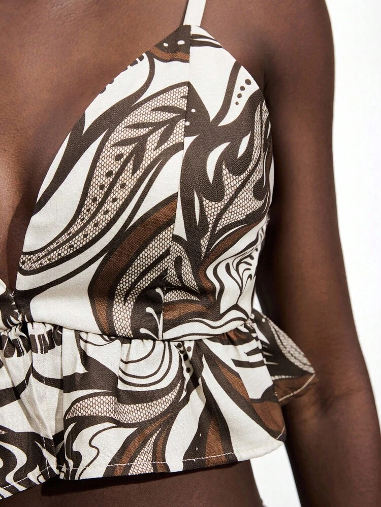 SHEIN Maija Adjustable Strap Floral Print Ruffle Hem Elastic Back Camisole Top, Casual Urban Business Wear, Suitable For Music Festivals, Halloween, Christmas Parties, Bohemian Resort Style, Vacation, Shoulder Strap Top For Women