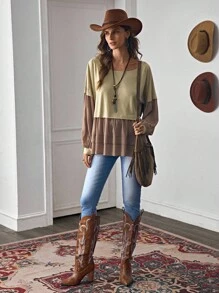 LanaWest Women's Western Casual Khaki Oversized Crew Neck Long Sleeve Gathered Fabric Contrast Patchwork Design Loose Sweatshirt Fall Cloth For Women