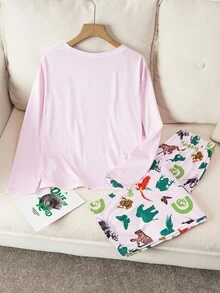 Discovery X SHEIN Women's Casual Animal Print Long Sleeve Top And Pants Pajama Set, Autumn, Fall Clothes - Baby Pink - View 2