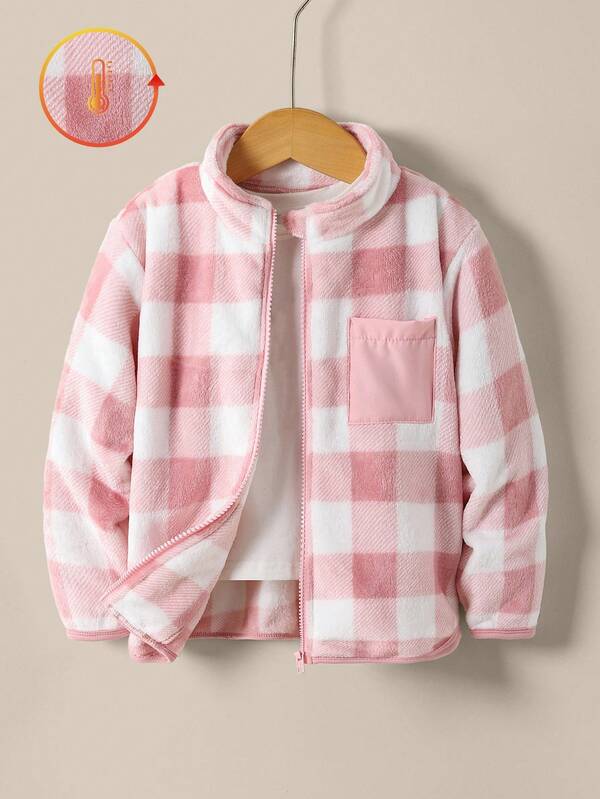 SHEIN Explorewe 年轻女孩休闲格子羊毛立领拉链外套，秋冬款式。2025 返校季年轻女孩学院装和校园运动装
