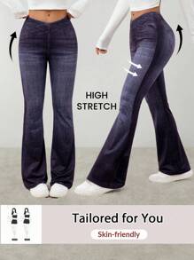 SHEIN PETITE CURVE Plus Size Non-Denim Flare Leg Pants, Denim Effect Print - Navy Blue - View 9