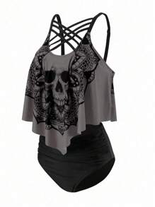 SHEIN Swim Curve Plus Size Summer Beach Skull Print Asymmetrical Hem Spaghetti Strap Top And Ruched Bottom Tankini Set, Perfect For Pool Party, Halloween - Multicolor - View 4