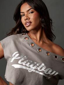 Missguided x Playboy Cotton Off Shoulder Eyelet Detail Crop Top Fall Winter Casual Streetwear