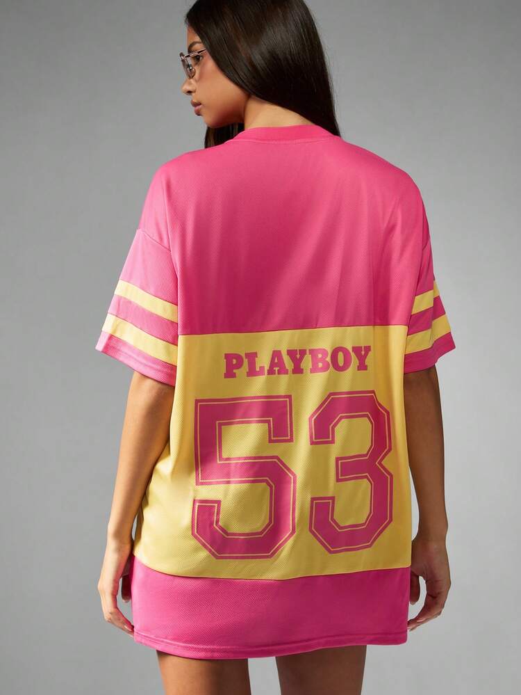 Missguided x Playboy Retro Sports Style V-Neck Mini Dress Football Jersey Streetwear Varsity Style Casual Oversized Pink Yellow College Games T-Shirt Dress Fall Collection