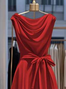 Franclia Women's Elegant Solid Color Waist Cinched Dress