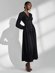 Almamuse Elegant Black Maxi Dress,V-Neck Single-Breasted Long Sleeve Flared Party Night Dress,Fashionable Versatile Women Autumn Spring Clothing - Black - View 6