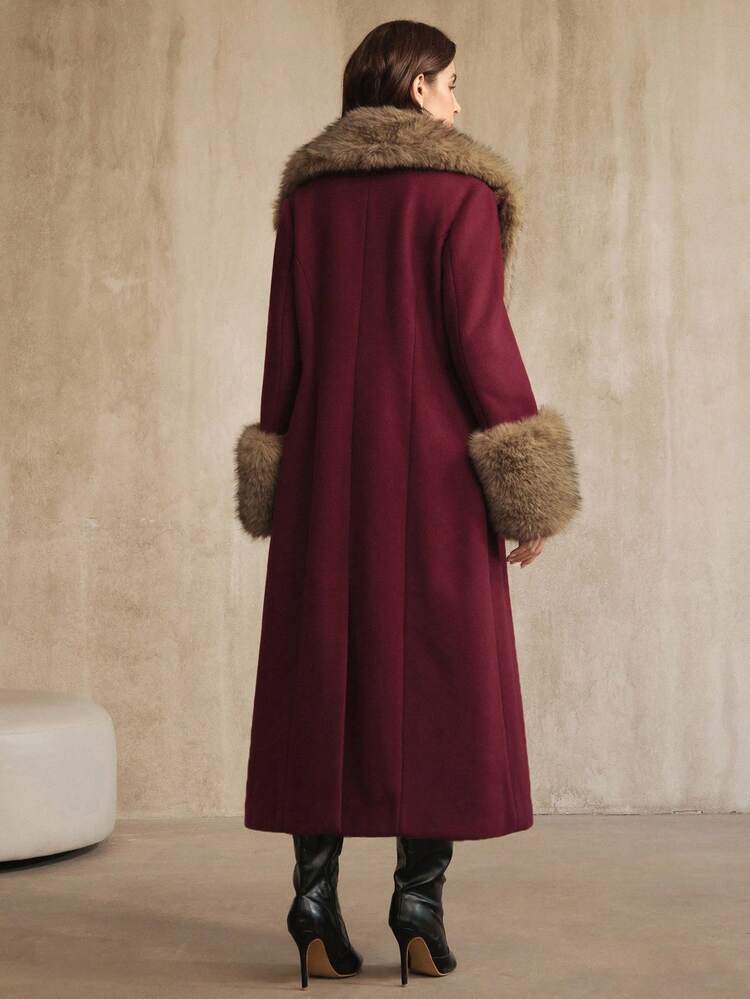 Abrigo elegante con cuello de piel desmontable y esponjoso para mujer, color borgoña