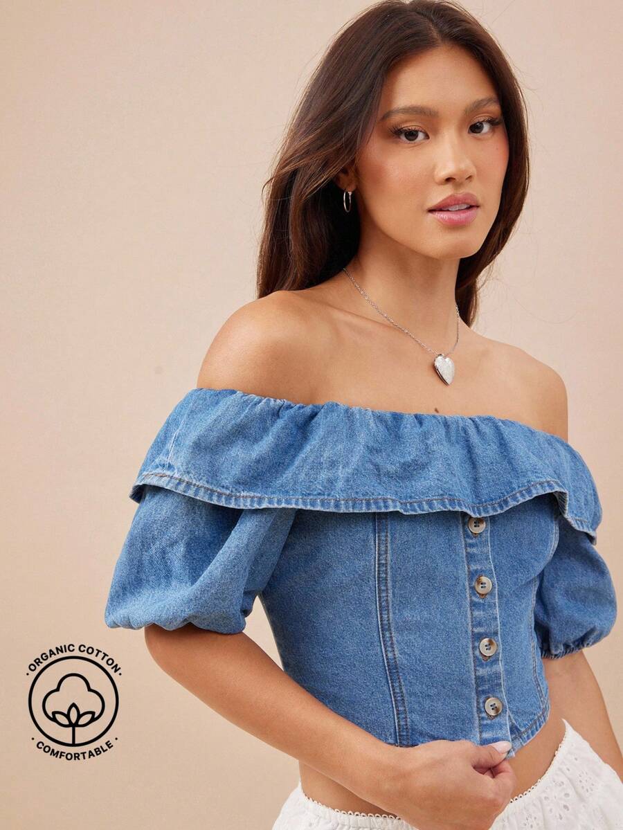 WESTFADE 荷叶边露肩纽扣前短款泡泡袖棉混纺牛仔短款上衣夏季波西米亚风牛仔女早午餐度假上衣