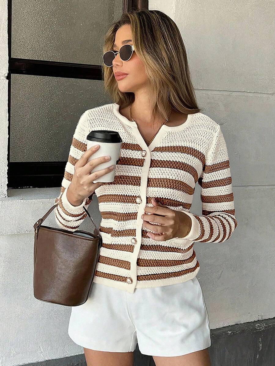 Pariaura Suéter holgado de punto a rayas, chaqueta de punto de estilo retro francés de calle para mujer, otoño/invierno - Caqui - Ver 1