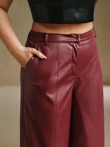 Anewsta Pantaloni evazați din piele moale de înaltă calitate, mărime mare, cu picior larg, potriviți pentru toamnă, toamnă, iarnă, ieșiri în oraș, eleganță, formală, petrecere, șic, Anul Nou, Crăciun, serviciu, absolvire, nuntă - Burgundia - Vizualizare 2