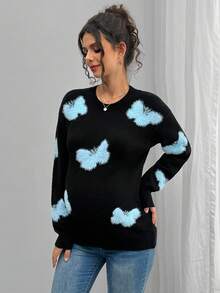 SHEIN 孕妇休闲蝴蝶图案圆领落肩毛衣，秋冬 - 黑色 - 查看 1