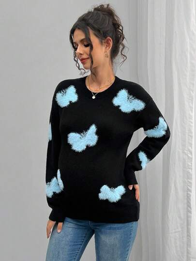 SHEIN كنزة حمل كاجوال بياقة مستديرة وأكتاف منسدلة بطبعة فراشة، خريف/شتاء