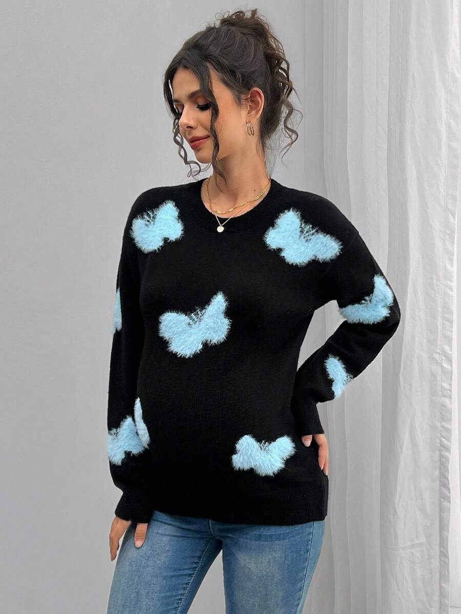 SHEIN 孕妇休闲蝴蝶图案圆领落肩毛衣，秋冬 - 黑色 - 查看 1