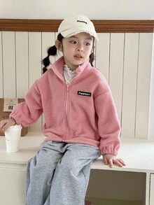 Genkimix Kids Young Girl' Cute Letter Decor Solid Color Jacket - Pink - View 6