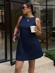 Dripcurv 大码女式海军蓝四季皆宜露背无袖休闲牛仔连衣裙，复古风格，简约度假/新年装扮，圣诞节服装。 - 黑色 - 查看 5