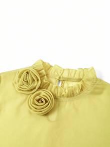 SHEIN Ellevyn 女士优雅百搭花卉荷叶边袖立领透明衬衫，适合外出、下午茶和多种场合 - 綠色 - 查看 3