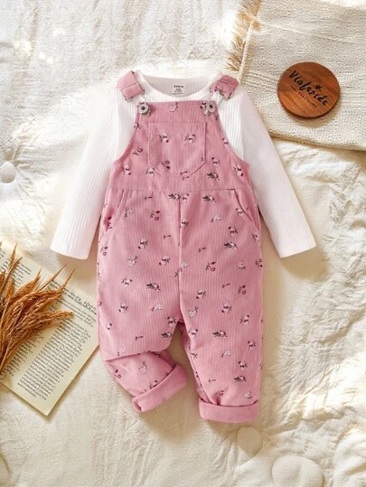 SHEIN Vintaside Kids 女宝宝灯芯绒碎花吊带裤两件套，可爱