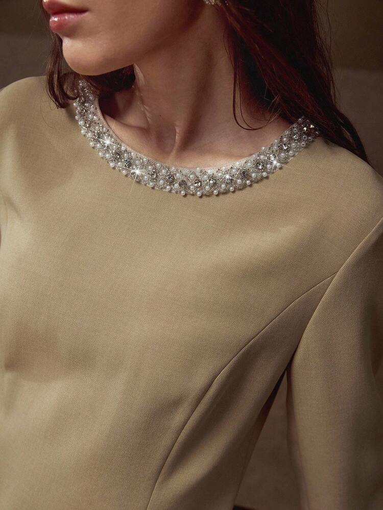 FAUX PEARL TRIM PLEATED DRESS