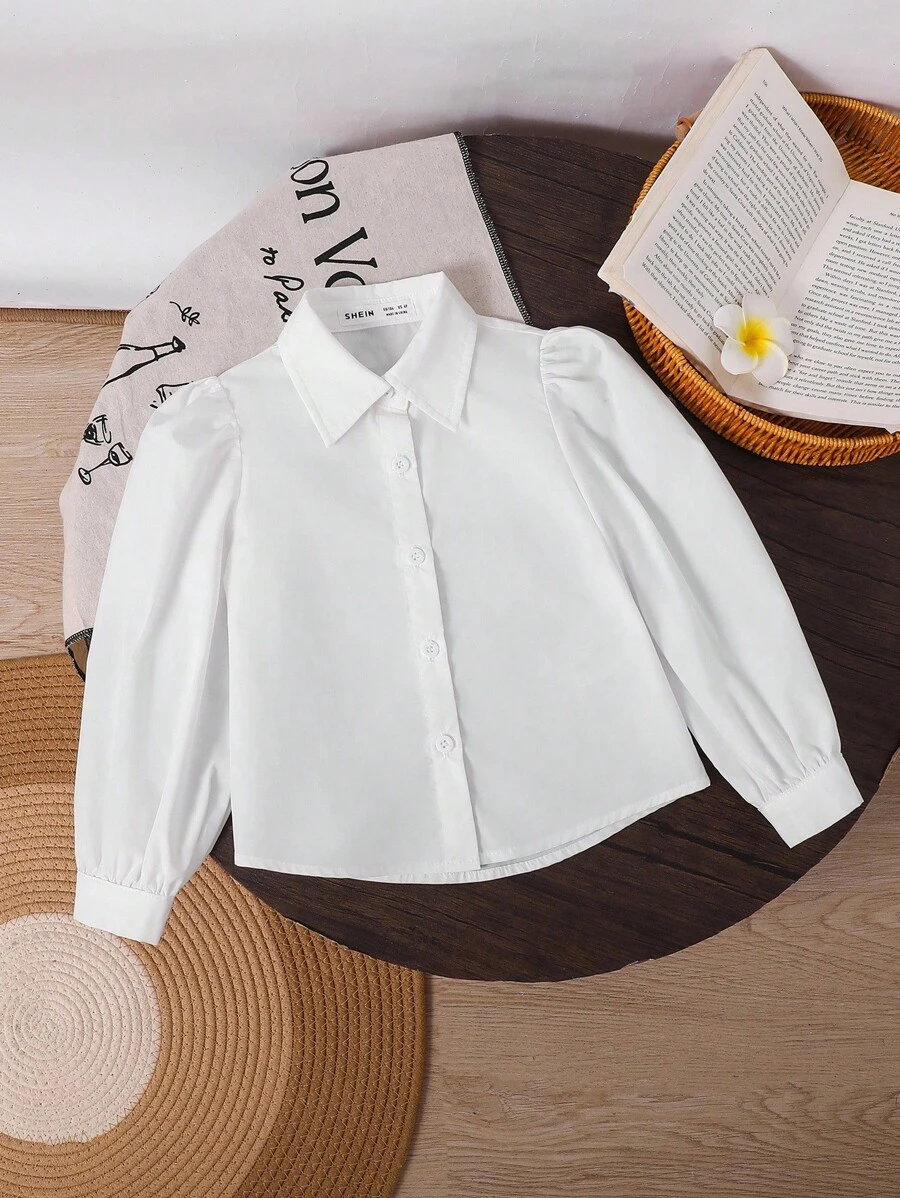 SHEIN 复古优雅少女灯笼袖衬衫，秋季白色纽扣衬衫，母女亲子装，适合秋冬季日常休闲穿着及上学穿着，返校季必备 - 白色 - 查看 1