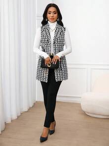 SHEIN Lady 秋冬女款黑白几何印花翻领抽绳腰背心外套 - 彩色 - 查看 5