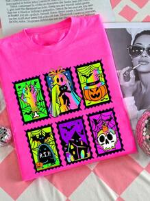 EMERY ROSE 大码女式万圣节蝙蝠骷髅图案休闲圆领落肩 T 恤，街头风格和度假氛围 - 玫紅色 - 查看 1