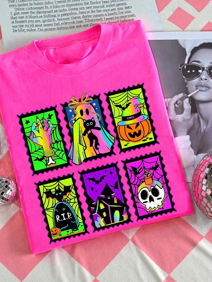 EMERY ROSE 大码女式万圣节蝙蝠骷髅图案休闲圆领落肩 T 恤，街头风格和度假氛围 - 玫紅色 - 查看 1