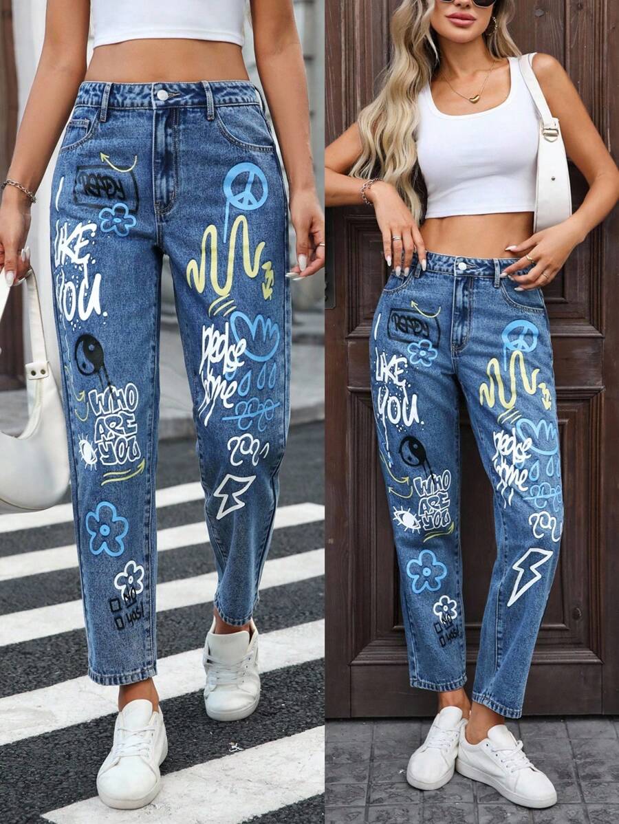 EMERY ROSE Casual Washed Graffiti Print Tapered Fit Jeans - Dark Wash - View 1