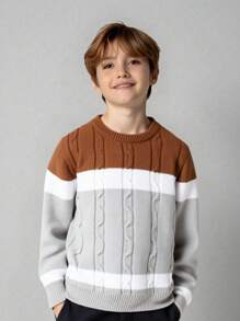 SHEIN 青少年男孩休闲韩版圆领毛衣，适合通勤、上学、日常休闲装、运动、秋冬 - 灰色 - 查看 1