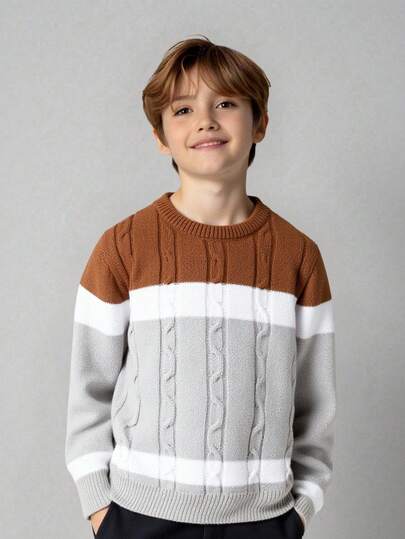 SHEIN Tween Boy Casual Koreansk Tröja med Rund Hals, Lämplig För Pendling, Skola, Vardagskläder, Sport, Höst/Vinter