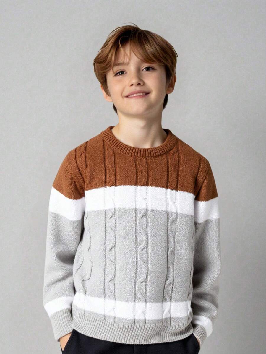 SHEIN 青少年男孩休闲韩版圆领毛衣，适合通勤、上学、日常休闲装、运动、秋冬 - 灰色 - 查看 1