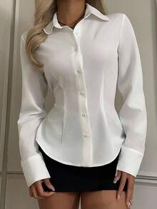 SHEIN EZwear Women's Casual Cinched Waist Long Sleeve Button-Up Shirt, Suitable For Autumn/Winter, Back To School,Fall Tops Chic Blouses For Women,Camisa Social Feminina