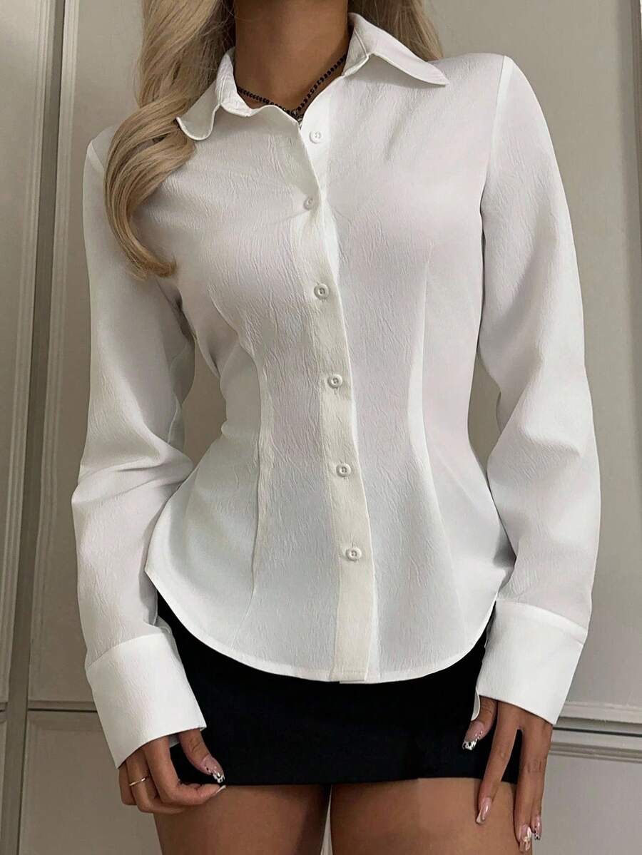 SHEIN EZwear Women's Casual Cinched Waist Long Sleeve Button-Up Shirt, Suitable For Autumn/Winter, Back To School,Fall Tops Chic Blouses For Women,Camisa Social Feminina