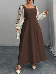 Modelyn Plus Size Women's Patchwork Sheer Ruffle Sleeve Bow Decor Square Neck Waist Cinched Dress, Spring/Summer/Autumn Fall Cloth For Women - Brown - View 3