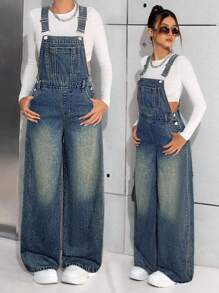 SHEIN 少女宽松蓝色带口袋牛仔背带裤 - 深色水洗藍 - 查看 1