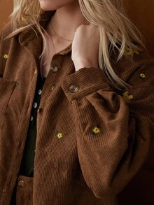 Écloséra 新款女式刺绣宽松休闲纽扣衬衫夹克，春秋季 - 咖啡棕 - 查看 2