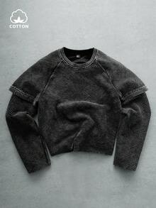 PAVTROS Manfinity Streetrush 男士街头风流行INS同款水洗复古条纹纹理面料休闲日常T恤，男友/老公礼物，周年纪念礼物，时尚T恤，秋季长袖上衣 - 黑色 - 查看 1