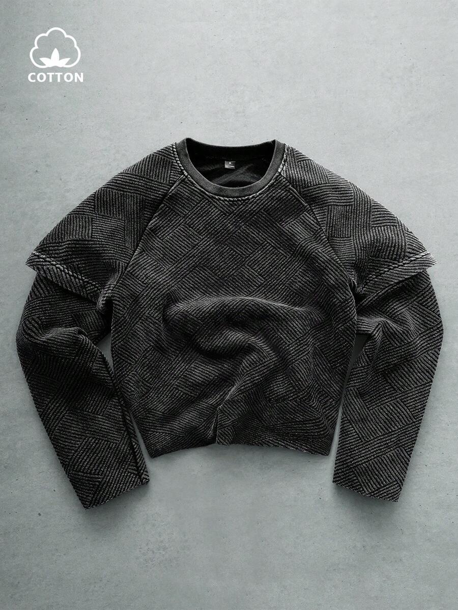 PAVTROS Manfinity Streetrush 男士街头风流行INS同款水洗复古条纹纹理面料休闲日常T恤，男友/老公礼物，周年纪念礼物，时尚T恤，秋季长袖上衣 - 黑色 - 查看 1