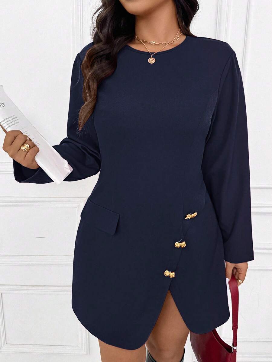 SHEIN Frenchy 优雅简约红色金属扣腰部 A 字加大码连衣裙,适合办公室、通勤、派对、聚会、新年、圣诞节 - 藏蓝色 - 查看 1