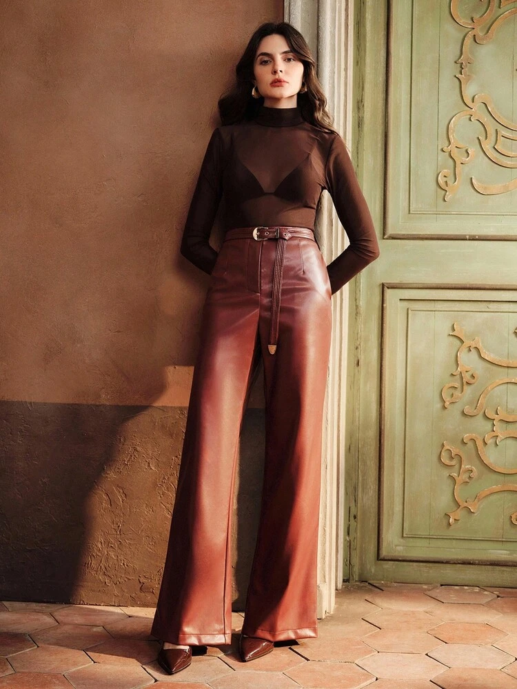 Pantalon taille haute en PU avec ceinture, style urbain élégant, convient pour l'automne, l'hiver, les sorties, les occasions formelles, les fêtes, chic, le Nouvel An, Noël, le travail, bordeaux