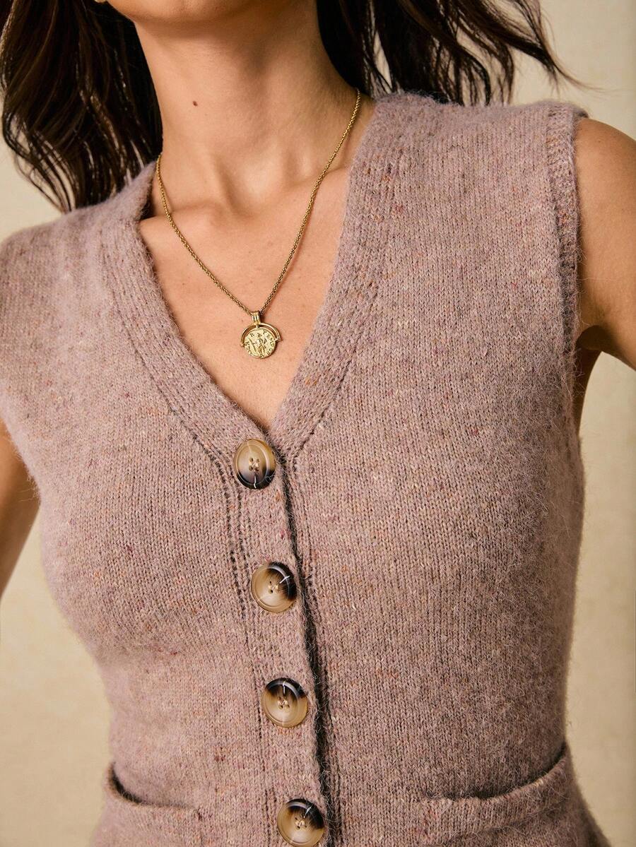 Poéselle Women's Elegant Dusty Mauve Single-Breasted Fitted Cardigan Vest,Simple Solid Autumn Sweater For Brunch,Party,New Year,Old Money Fall/Winter Commuter - Coffee Brown - View 1